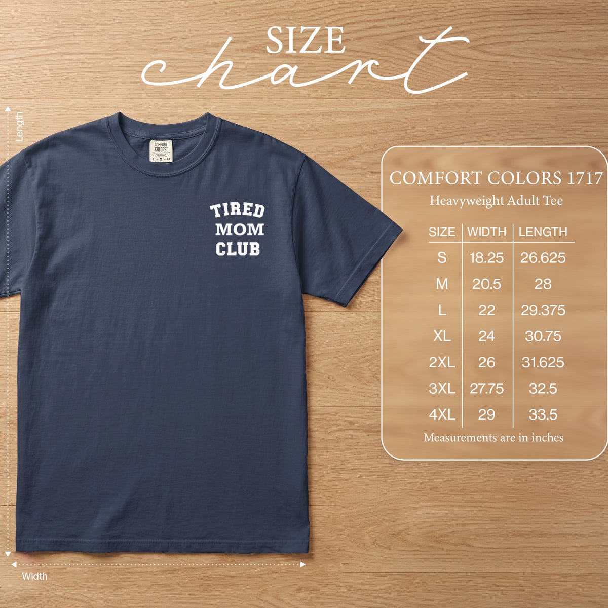Navy blue Comfort Colors adult tee with "TIRED MOM CLUB" text and size chart.