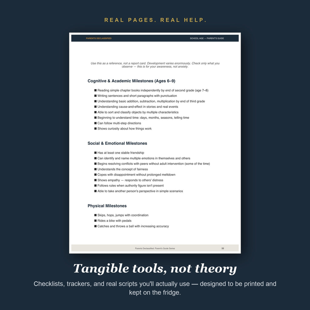 Real pages and tools from the School-Age Parent's Guide