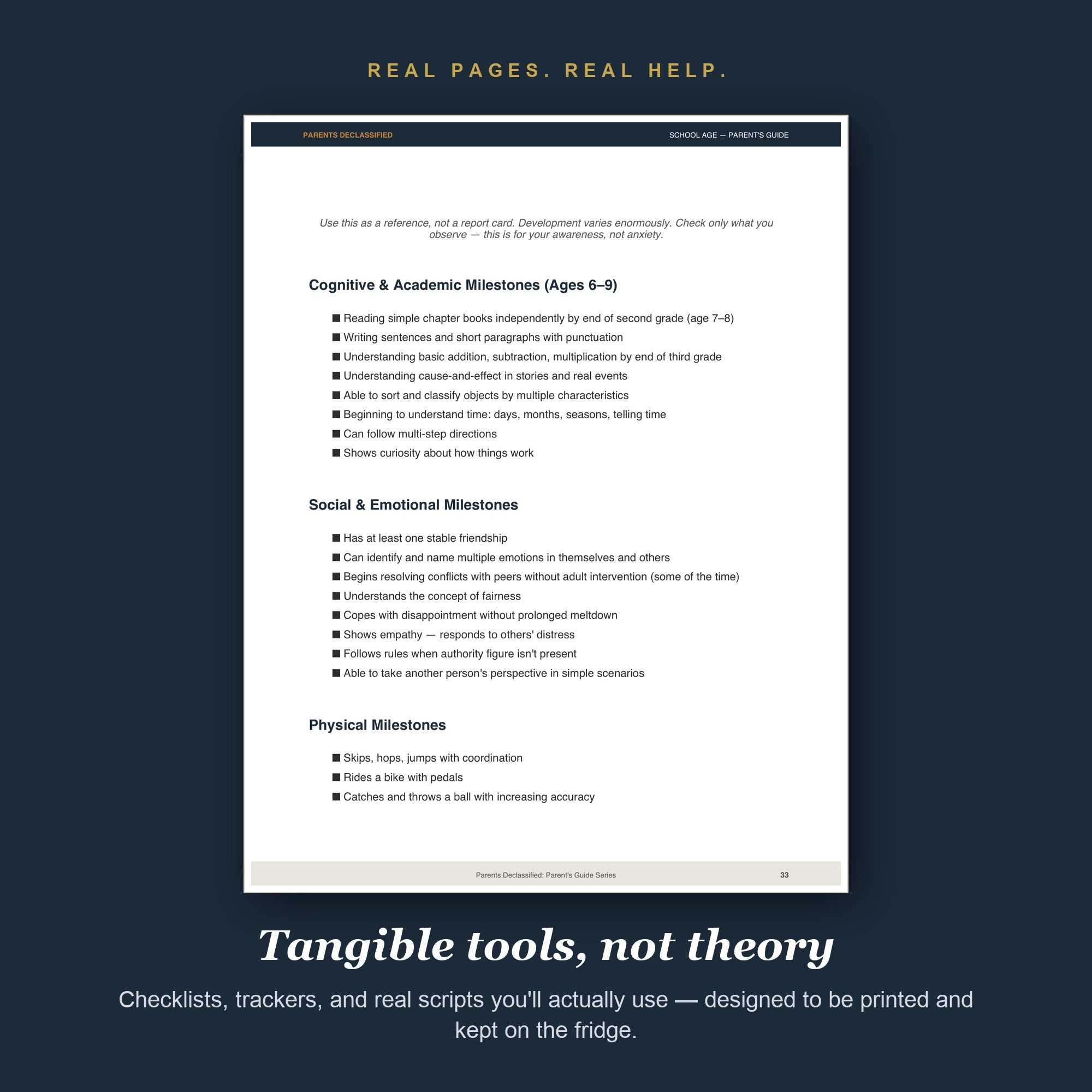 Real pages and tools from the School-Age Parent's Guide