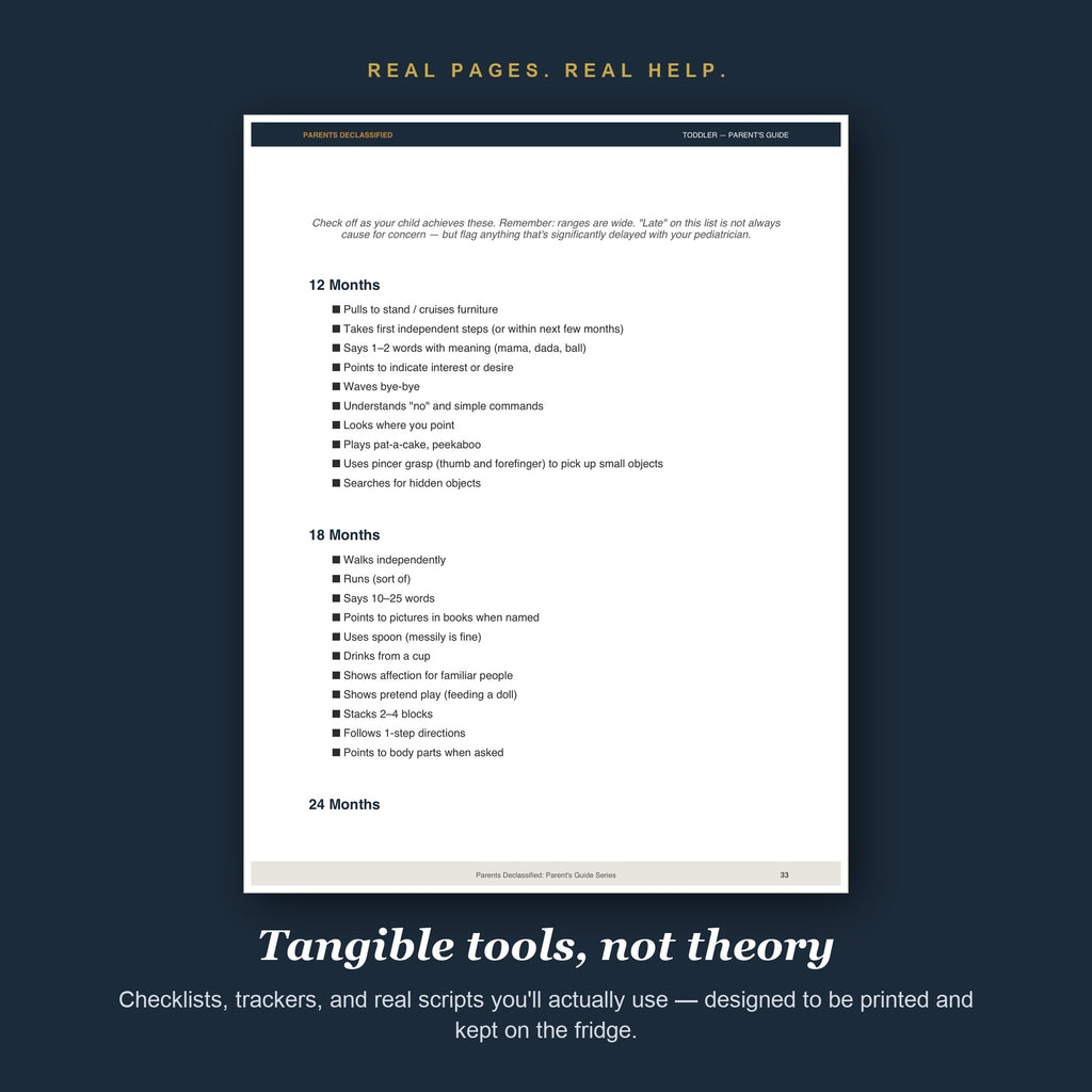 Real pages and tools from the Toddler Parent's Guide