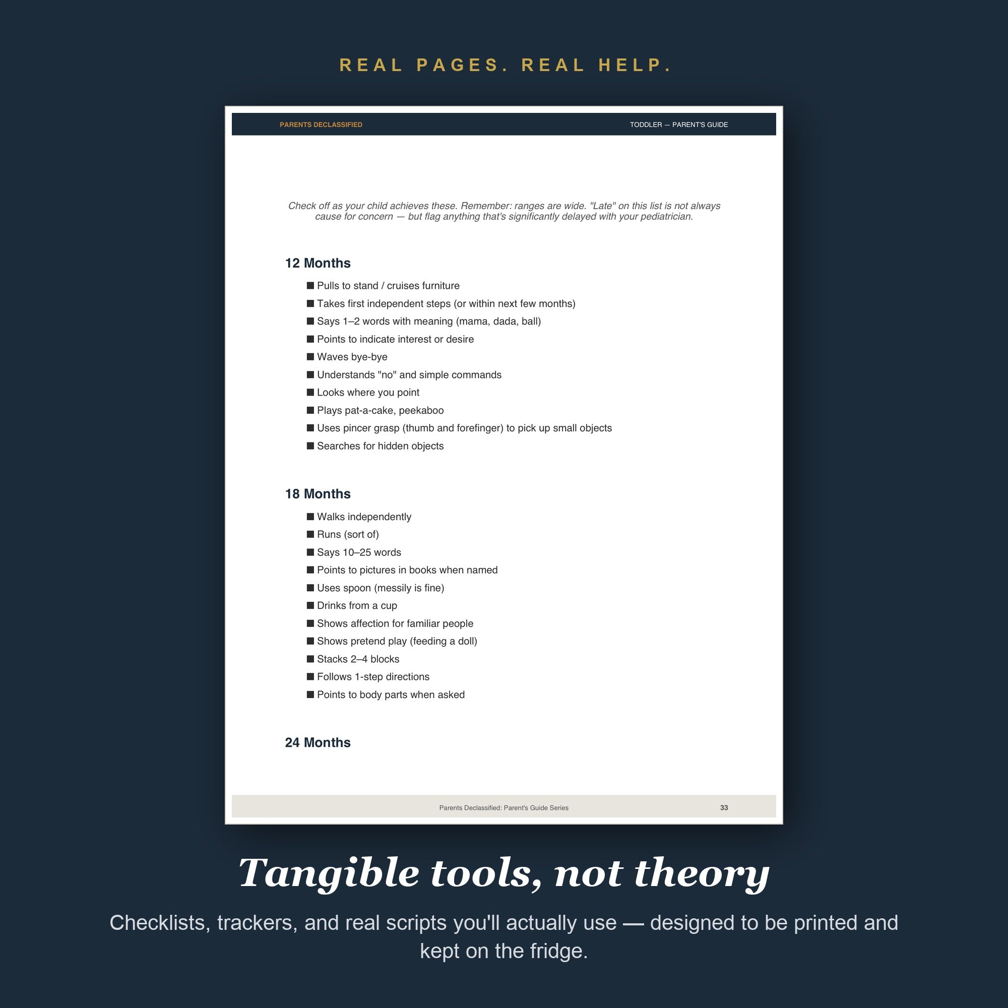 Real pages and tools from the Toddler Parent's Guide