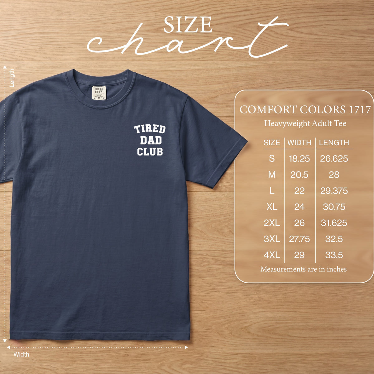 Navy t-shirt with "TIRED DAD CLUB" text and size chart.