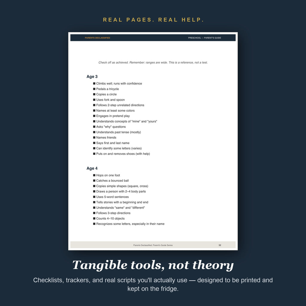 Real pages and tools from the Preschool Parent's Guide