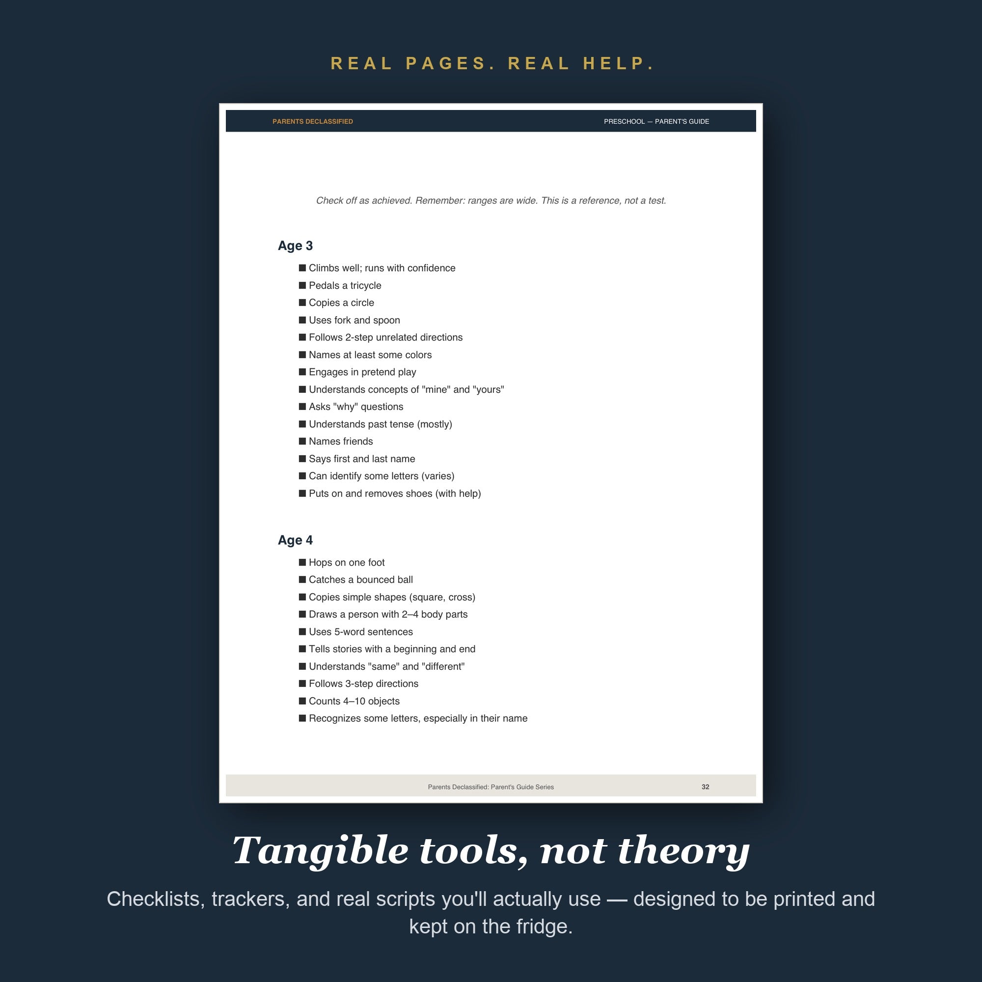 Real pages and tools from the Preschool Parent's Guide