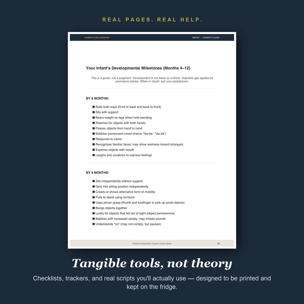 Real pages and tools from the Infant Parent's Guide