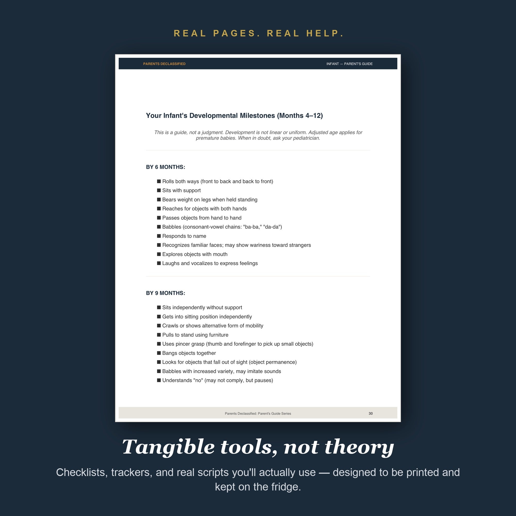 Real pages and tools from the Infant Parent's Guide