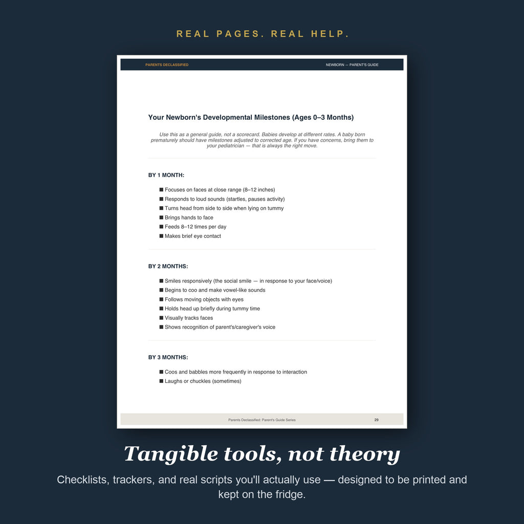 Real pages and tools from the Newborn Parent's Guide