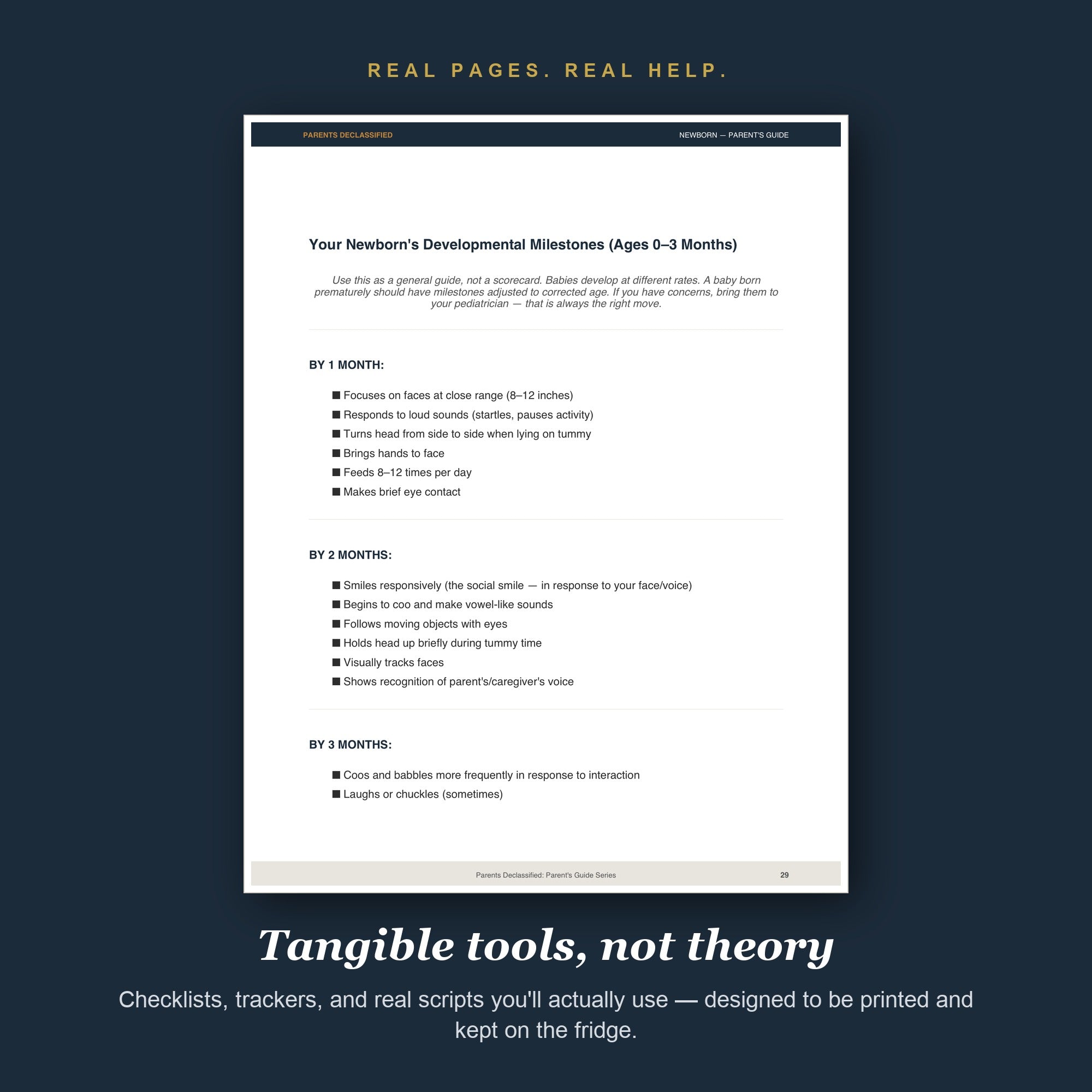 Real pages and tools from the Newborn Parent's Guide